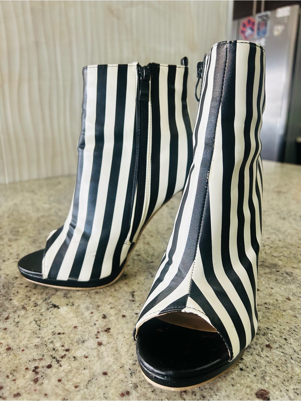 Black & White Striped Peep-Toe Ankle Boots - Women